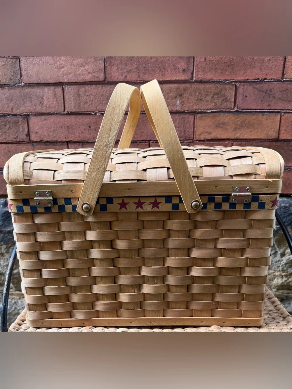 Vintage 90’s Patriotic Woven Picnic Basket America’s 250th Birthday Celebration